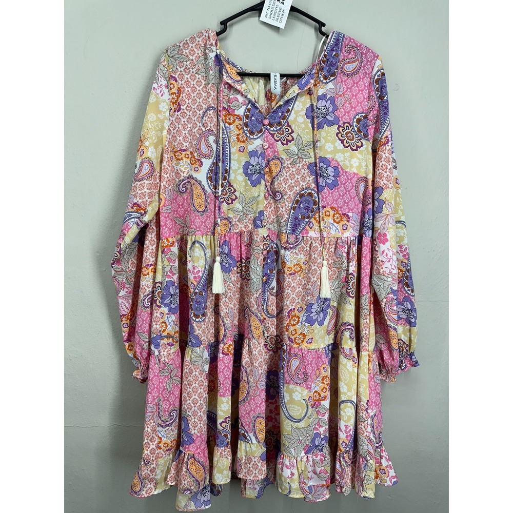 Grace + Karma Boho Tunic Dress SMALL Multi Floral Paisley Tiered Long Sleeve
